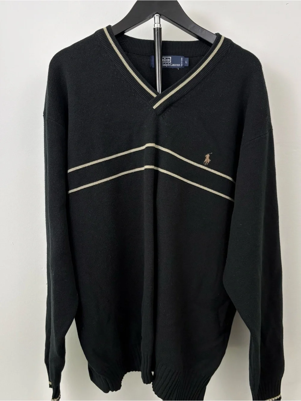 Vintage Polo by Ralph Lauren Black + Gold V-Neck Sweater with Contrast Stripes